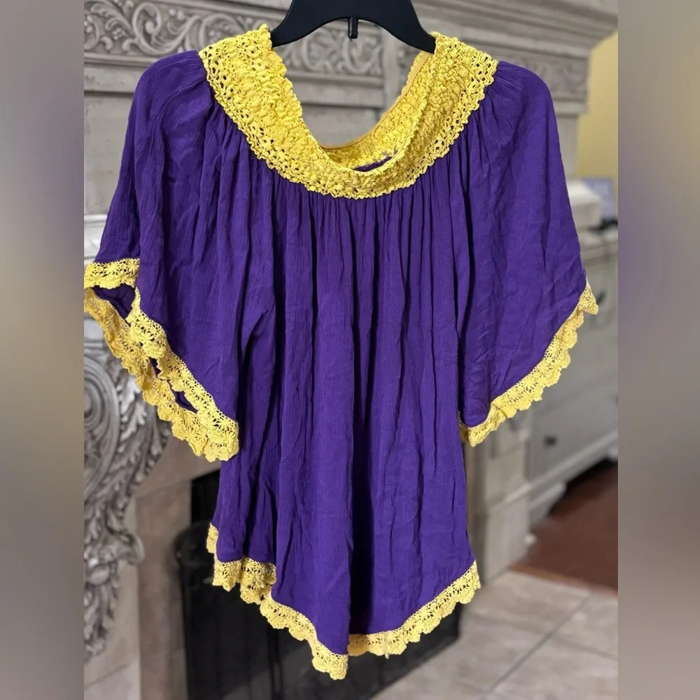 Purple & Gold Rayon Blouse Tunic Off The Shoulder Lace Trim Large
